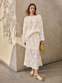 Ontre Set de 2 piezas que incluye top minimalista de manga larga cuello redondo y falda lápiz para mujer