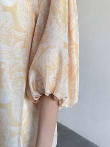 FRIFUL Women's Floral Print Puff Sleeve Oversized Extra Long Shirt Long Sleeve Top - Apricot - View 2
