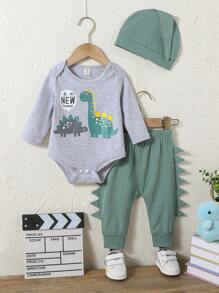 Set de 3 piezas de ropa casual unisex para bebés, incluye un mono con gráfico de dinosaurio y letra, pantalones de color liso y gorro, de tela suave, adecuado para vacaciones, viajes, escuela, diario, deportes, primavera/verano