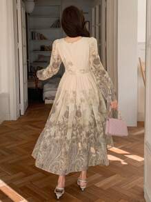 DAZY Đầm cổ chữ V in hoa thanh lịch dành cho nữ, kiểu dáng mùa xuân trang nhã, có bèo nhún, thích hợp cho đám cưới, đầm tay dài mùa thu, đầm maxi lễ Phục sinh. - Màu tím - Xem 2