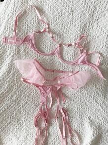 DAZY 女士透明纯色钢丝边蕾丝细节内衣套装 - 粉色 - 查看 10