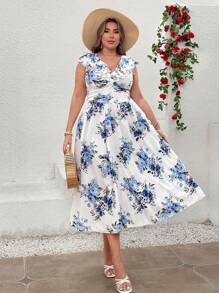 Flirla Vestido de verano talla grande estilo bohemio con escote en V y doble volante en la cintura - Multicolor - Ver 3