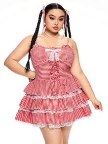 ROMWE Kawaii Váy mini dây mảnh kẻ caro nhiều lớp ren thắt nơ cỡ lớn cho nữ, trang phục mùa hè - Đỏ - Xem 7