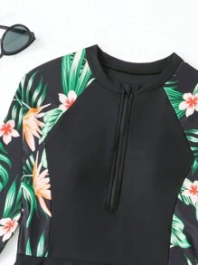 SHEIN 青少年女孩分体式吊带上衣，长袖拉链泳装，下装为花卉拼布裙和裤子 - 彩色 - 查看 5