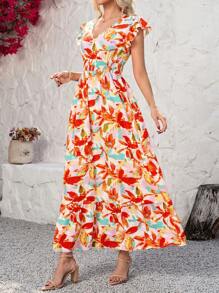 SHEIN Clasi Orange Floral Print Cap Sleeve Women's Dress,Summer, Vacation Outfits Woman,Summer Outfits For Women,Beach Outfits For Woman - Orange - View 1