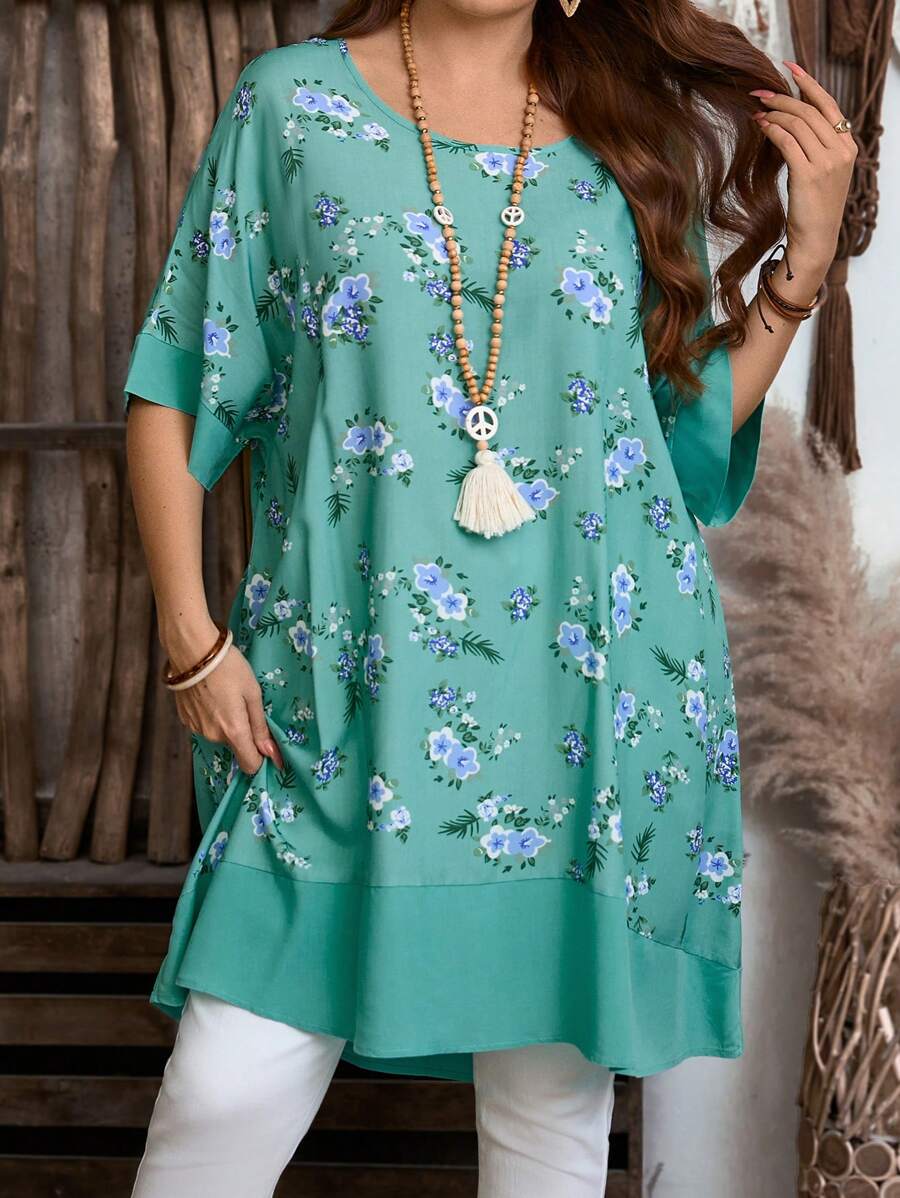 EMERY ROSE 大码女式花卉印花拼布长衬衫 - 薄荷綠 - 查看 1