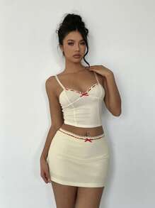 Aloruh Women's Bow Decoration Slim Camisole,Red And White Summer Cute Date Night Cropped Tops,Y2k Elegant Off The Shoulder Valentine's Day - Yellow - View 5