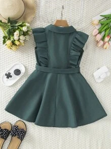 Girls' Formal Dress, Waist Cinched, Double Breasted, Sleeveless, Green Belt, Suit Style Collar, Commuting Wear, Suitable For Formal Occasions - Green - View 2