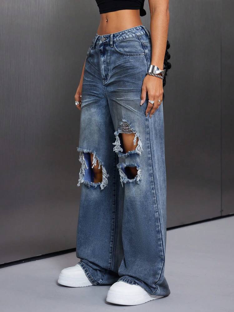 SHEIN ICON סגנון רחוב וינטג' מותניים נמוכים במצוקה רופף ג'ינס רחב רגליים לנשים - שטיפה בינונית - ראה 3