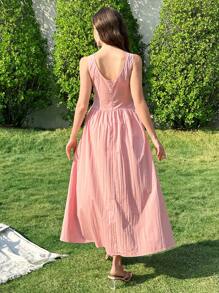 Modelyn Women's Solid Color Round Neck Sleeveless Front Button Simple Casual Dress - Pink - View 6