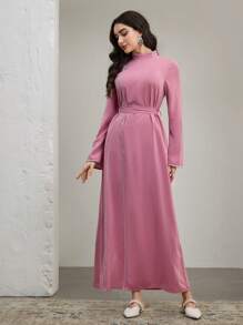 Graceveil Elegant Lace Trim Stand Collar Arabic Style Dress