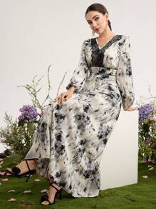 Al Najma V-Neck Ruffle Patchwork Swing Long Sleeve Arabic Style Dress For Women,Modest