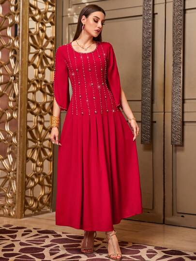 Modelyn Red Waist Cinched Hand-Sewn Tulip Decor Beaded Long Sleeve Dress, Suitable For Holiday, Eid Al-Fitr