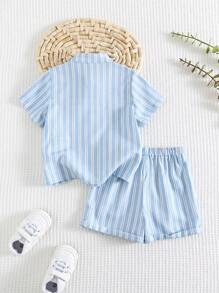 Cozy Pixies 2pcs Baby Boy Colorful Striped Stand Collar Short Sleeve Snap Front Top And Elastic Waist Shorts Set - Blue - View 2