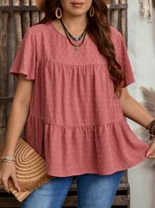 EMERY ROSE Blusa suelta de mujer de talla grande con cuello redondo y volantes de manga corta, de unicolor, estilo bohemio para mujer, para verano, ropa occidental para mujer, para vacaciones, primavera - Rosa - Ver 6