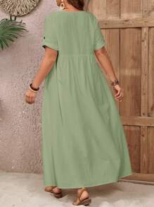 EMERY ROSE Plus Size Summer Countryside Round Neck Single-Breasted Casual Summer Dress, Suitable For Vacation,Summer Clothes,Vacation Outfits Woman / Vacation