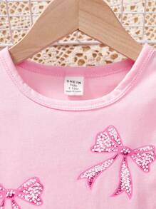 SHEIN 2 Pcs Baby Girl Spring/Autumn Cute Bow Print Long Sleeve Top And Ruffled Bow Decor Flared Jeans Pants Set - Baby Pink - View 4