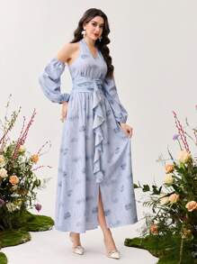 Modelyn 女士优雅碎花雪纺露肩长袖荷叶边下摆连衣裙 - 彩色 - 查看 5