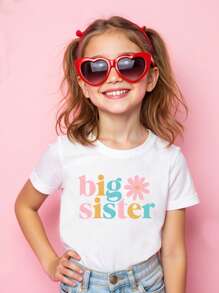SHEIN Young Girl Casual T-Shirt With Big Sister Slogan & Floral Print, White Short Sleeve Round Neck Top Suitable For Family Events And Daily Wear - White - View 1