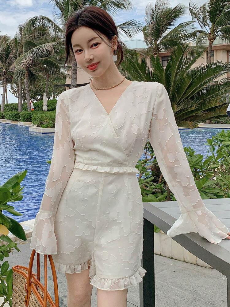 1pc Women's Solid Color Textured Fabric Flared Sleeves Floral Trim V-Neck Elegant Jumpsuit, Suitable For Summer Vacation Women Rompers