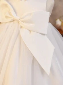 SHEIN Glamorique Kids Baby Girls' Satin Tulle Wedding Party Dress With Bow & Pearl Beaded Floral Applique, Children Party Gown - Beige - View 7