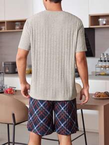 CoupledUp 2pcs Sleepwear Set For Men: Bear Embroidery V-Neck Short Sleeve Top And Plaid Shorts - Multicolor - View 2
