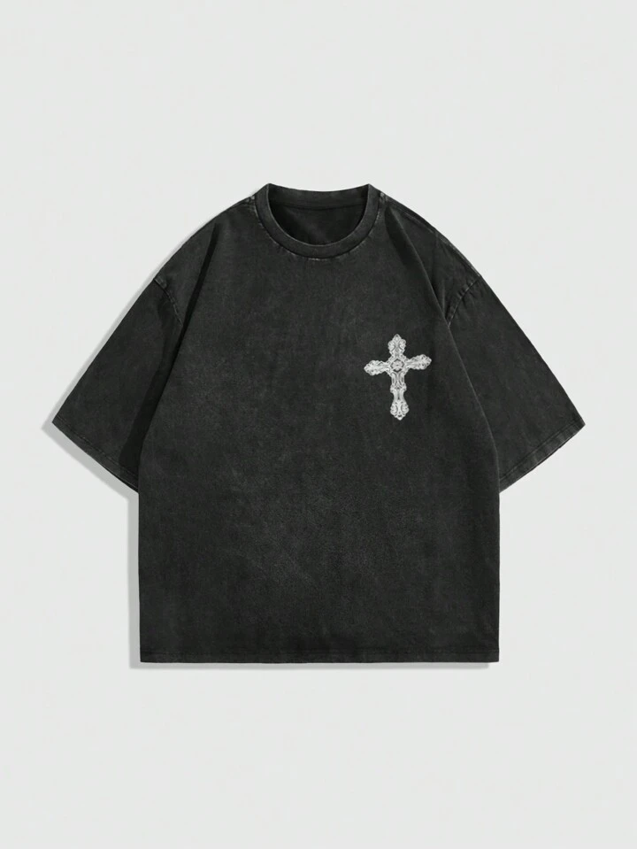 Our Goth Men's Cross And Wing Print Round Neck Short Sleeve Casual