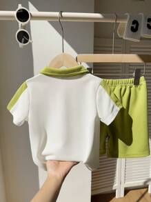 SHEIN 2pcs/Set Young Boy Patchwork Cute Cartoon Horse Print Contrast Color Polo Collar Short Sleeve T-Shirt And Shorts Summer Outfit, Suitable For Outdoor Play, School, Street Style, Party And Casual Wear, Good Value