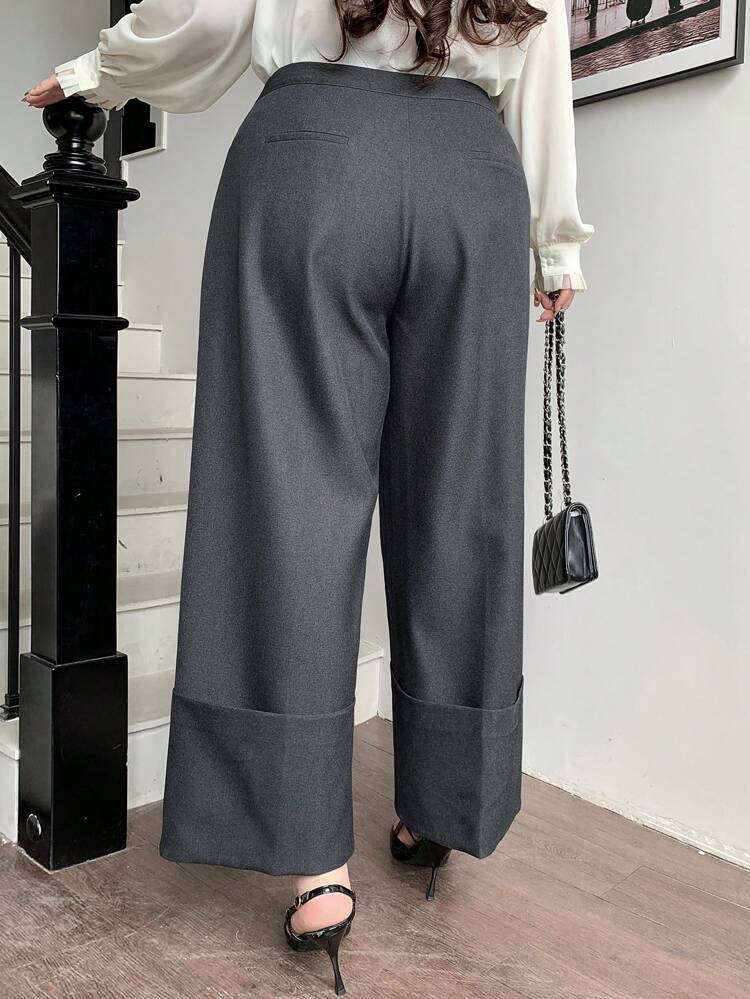 Dazy Plus Solid Color Cuffed Wide Leg Business Casual Pants, All Season Fall/Winter