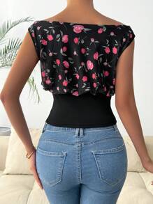 Chiquease Women's Contrast Bouquet Pattern Off Shoulder Slim Fit T-Shirt - Multicolor - View 2
