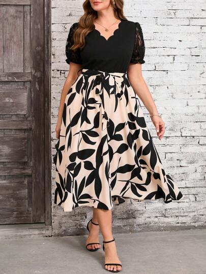 Reflora 1 pieza Vestido elegante de verano para vacaciones de talla grande con estampado de plantas y manga corta de encaje para mujer