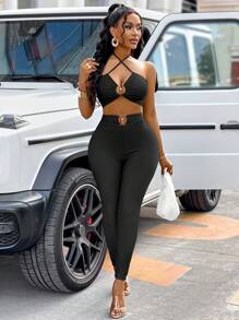 VaVaBold 女士性感环扣短款背心和裤子套装