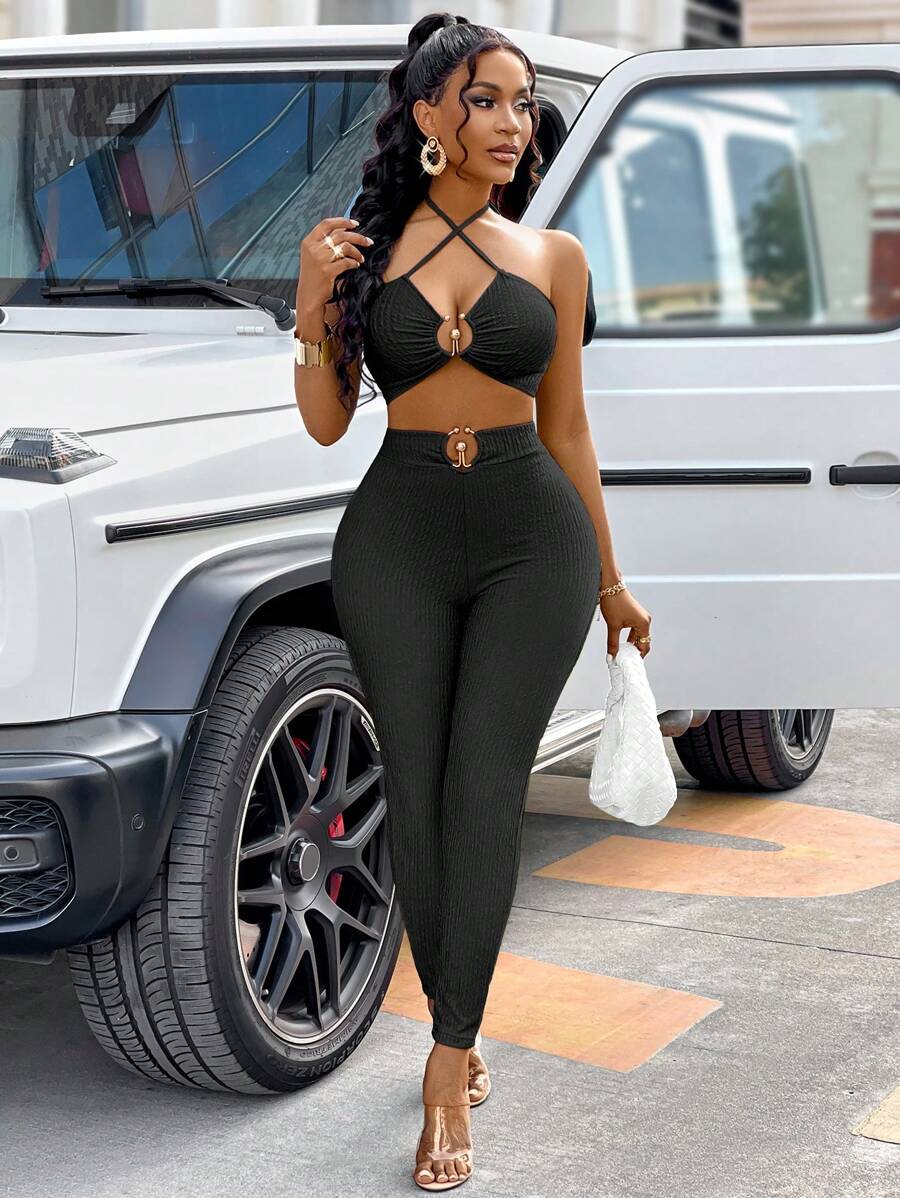 VaVaBold 女士性感环扣短款背心和裤子套装