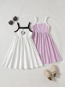 SHEIN 2pcs/Set Young Girls Knit Ribbed Heart & Butterfly Embroidery White & Purple Dress - Multicolor - View 1
