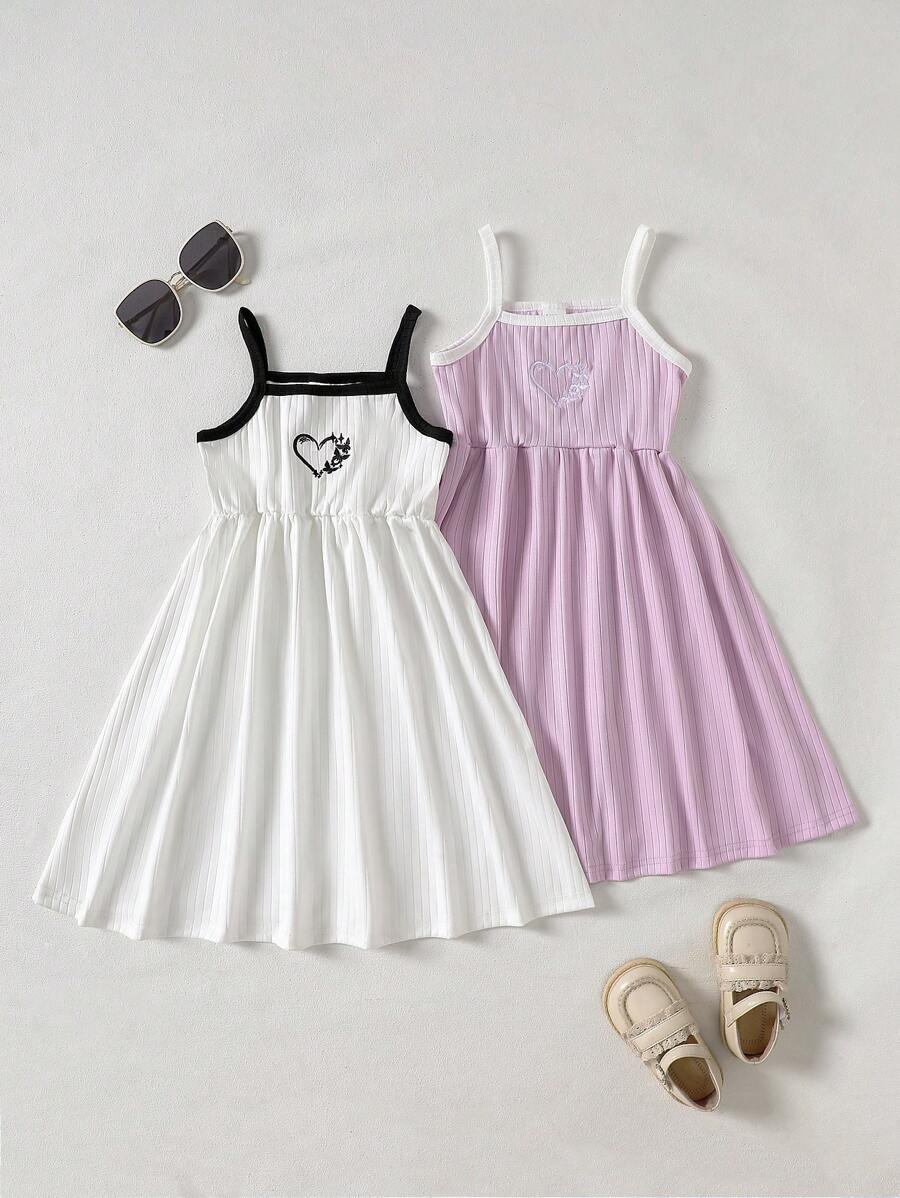 SHEIN 2pcs/Set Young Girls Knit Ribbed Heart & Butterfly Embroidery White & Purple Dress - Multicolor - View 1