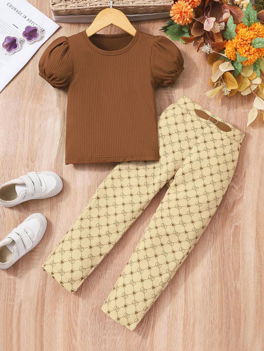 SHEIN 2 件套年轻女孩纯色圆领泡泡袖上衣和裤子套装 - 咖啡棕 - 查看 1