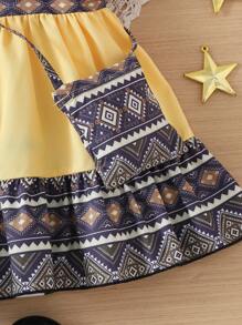 SHEIN 2pcs/Set Gaun Putri Liburan Musim Panas Warna Kuning Gaya Boho untuk Bayi Perempuan, Kerah Persegi, Lengan Mengembang, Motif Bunga & Geometris, Dipadukan dengan Tas yang Serasi - Emas - View 4