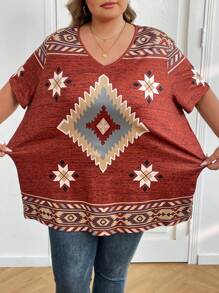 SHEIN CURVE+ T-shirt femme grande taille style bohème vintage imprimé géométrique col en V, style décontracté d'été