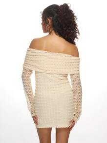 MISSGUIDED Vintage-Häkel-Minikleid mit Schulterausschnitt, Langarm, Raffung, körperbetonter Passform für Party, Club, Ausgehen, Abendanlass, Cocktail-Kleid