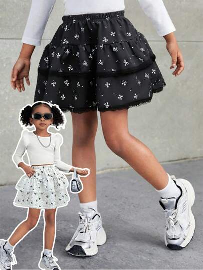 SHEIN Ramadan Young Girl & Elegant Bowknot Ditsy Floral Cake Skirt, Girls 2pcs Cute & Charming Skirt For Spring/Summer