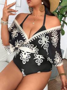 Swim Lushoire Plus Size One-Piece Swimsuit, Multicolor Positioned Floral Print, Elegant & Minimalist, Suitable For Summer Beach Vacation & Resort - Multicolor - View 3