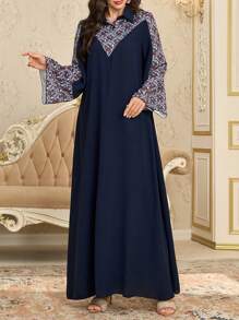Al Najma Bedrucktes patchwork-Einfarbiges loses Abschluss-Volant-Kleid im arabischen Stil für Damen - Blau - Übersicht 6