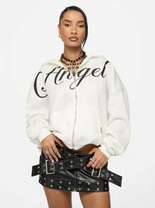 SUMWON WOMEN Classic Angel Zip Through Hoodie With Number Graphic Sports Inspired Winter Sweatshirt Streetwear Outerwear Casual Fall - White - View 8