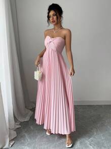 Elenzga 女士纯色前结褶边优雅连衣裙 - 粉色 - 查看 1