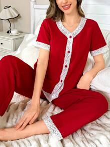 Lace Patchwork V-Neck Single-Breasted Short Sleeve Pants Women Pajama Set - Burgundy - View 1