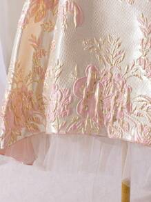 SHEIN Glamorique Kids Váy tay lửng jacquard thanh lịch cho bé gái tuổi mới lớn, phù hợp để mặc hàng ngày, dự tiệc, tụ tập, thể hiện sự duyên dáng và thanh lịch cho bé gái, váy tiệc trà mùa xuân/hè - Màu Đỏ Sâu - Xem 4