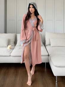 DAZY Romantic Sequins Decorated Lace-Panel Satin Robe Pajama - Pink - View 7
