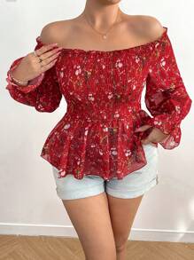 Sunnyshic Blusa evasé con hombros descubiertos, mangas abullonadas de gasa y estampado