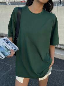 DAZY 女士纯色圆领落肩休闲T恤宽松版型学院风上衣复活节 - 綠色 - 查看 4