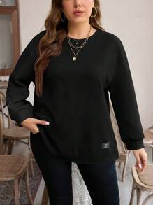 SHEIN LUNE 大码女式圆领长袖T恤，侧开衩设计，休闲时尚，杏色，秋冬假期 - 黑色 - 查看 3